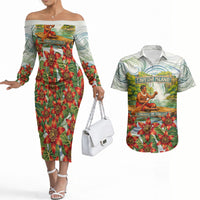 Fiji Taveuni Island Dateline Crossing Couples Matching Off The Shoulder Long Sleeve Dress and Hawaiian Shirt Tropical Cultural Landscape With Tagimoucia Floral Pattern