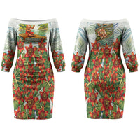 Fiji Taveuni Island Dateline Crossing Couples Matching Off The Shoulder Long Sleeve Dress and Hawaiian Shirt Tropical Cultural Landscape With Tagimoucia Floral Pattern