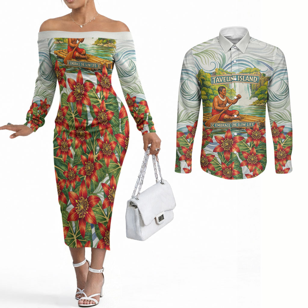 Fiji Taveuni Island Dateline Crossing Couples Matching Off The Shoulder Long Sleeve Dress and Long Sleeve Button Shirt Tropical Cultural Landscape With Tagimoucia Floral Pattern