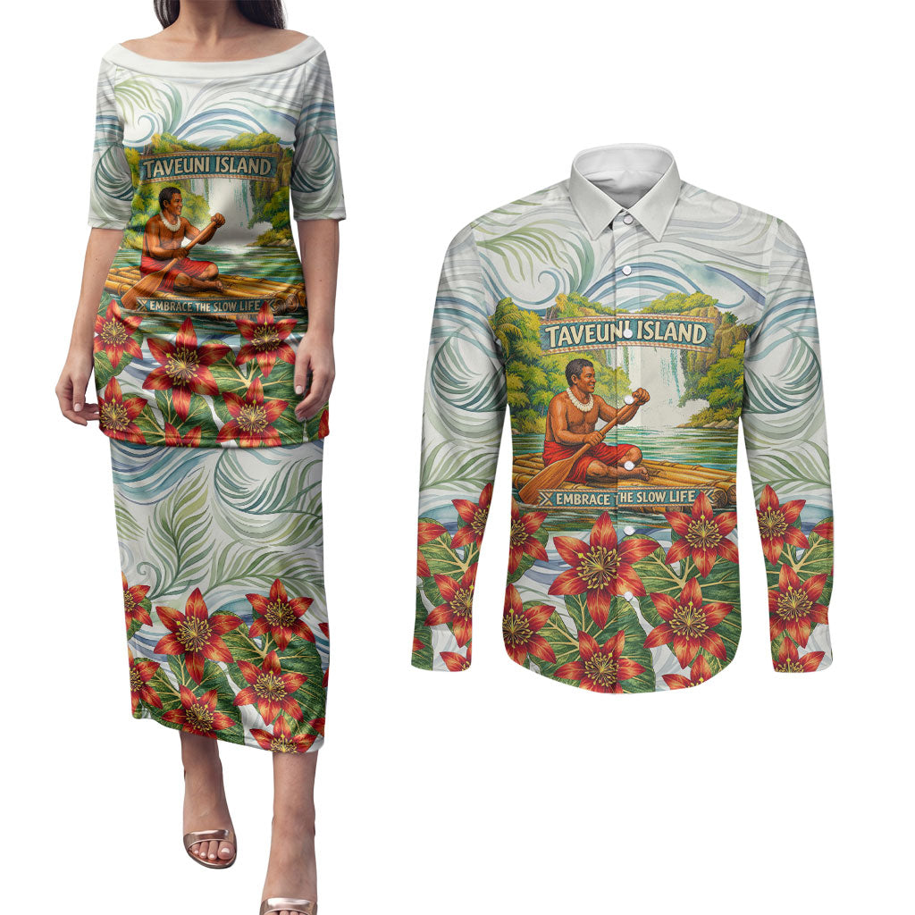 Fiji Taveuni Island Dateline Crossing Couples Matching Puletasi and Long Sleeve Button Shirt Tropical Cultural Landscape With Tagimoucia Floral Pattern