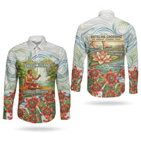 Fiji Taveuni Island Dateline Crossing Couples Matching Puletasi and Long Sleeve Button Shirt Tropical Cultural Landscape With Tagimoucia Floral Pattern