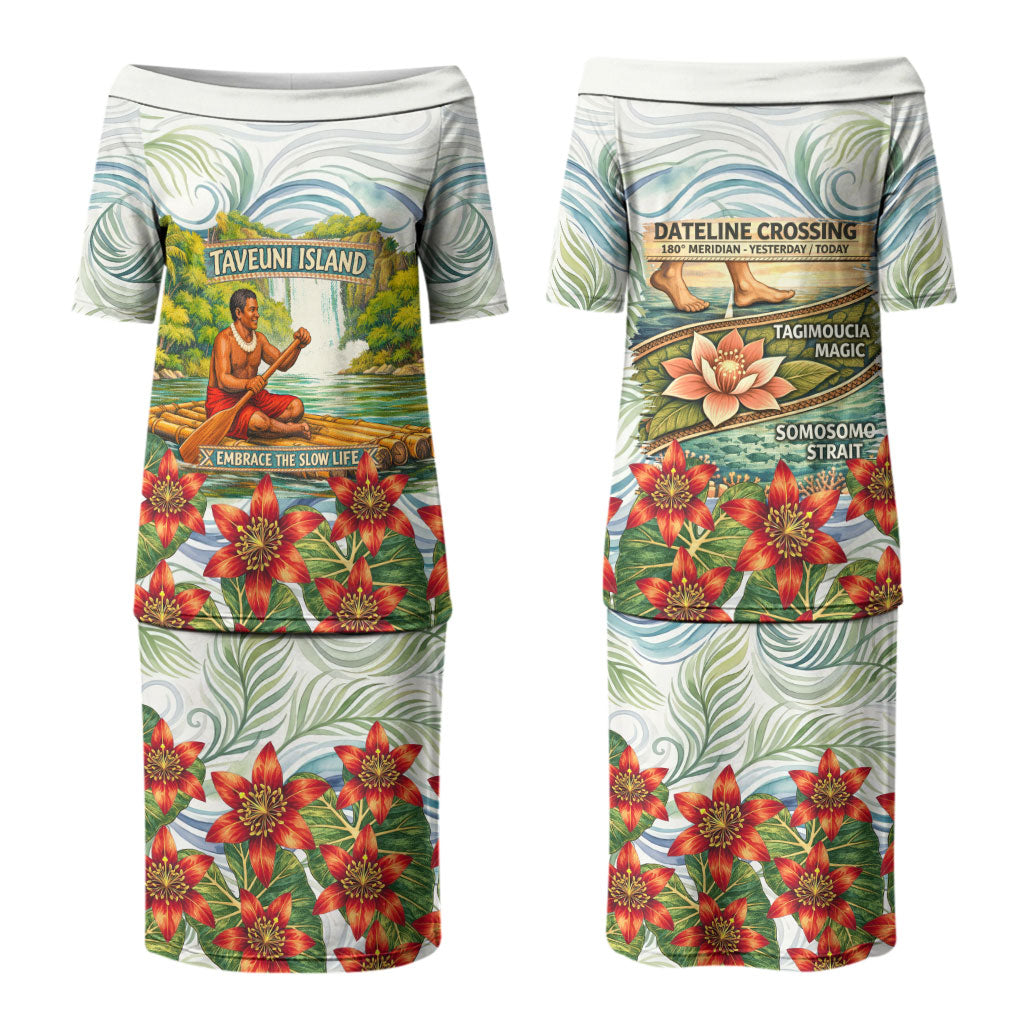 Fiji Taveuni Island Dateline Crossing Couples Matching Puletasi and Long Sleeve Button Shirt Tropical Cultural Landscape With Tagimoucia Floral Pattern