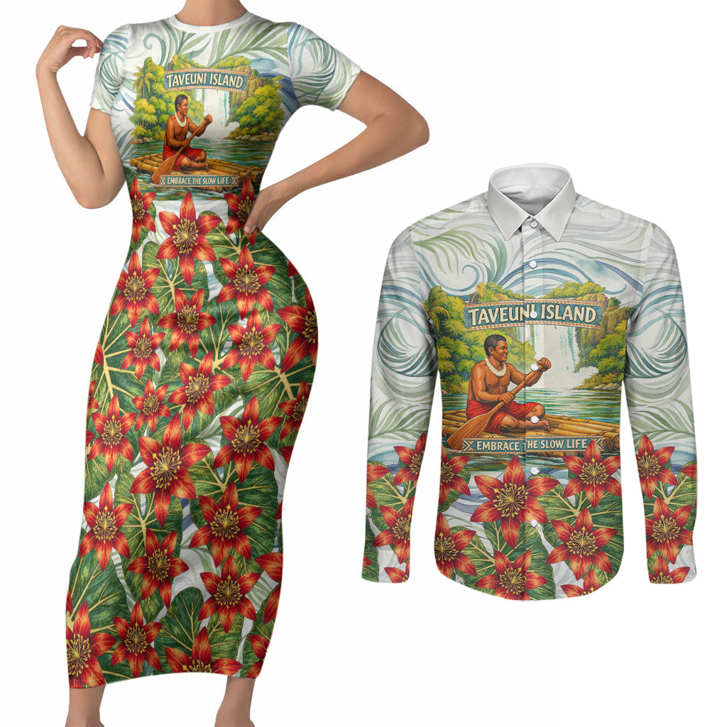 Fiji Taveuni Island Dateline Crossing Couples Matching Short Sleeve Bodycon Dress and Long Sleeve Button Shirt Tropical Cultural Landscape With Tagimoucia Floral Pattern