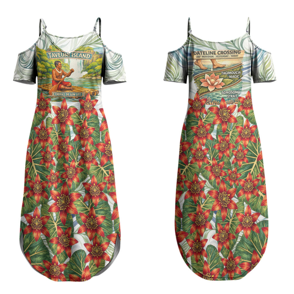 Fiji Taveuni Island Dateline Crossing Couples Matching Summer Maxi Dress and Long Sleeve Button Shirt Tropical Cultural Landscape With Tagimoucia Floral Pattern