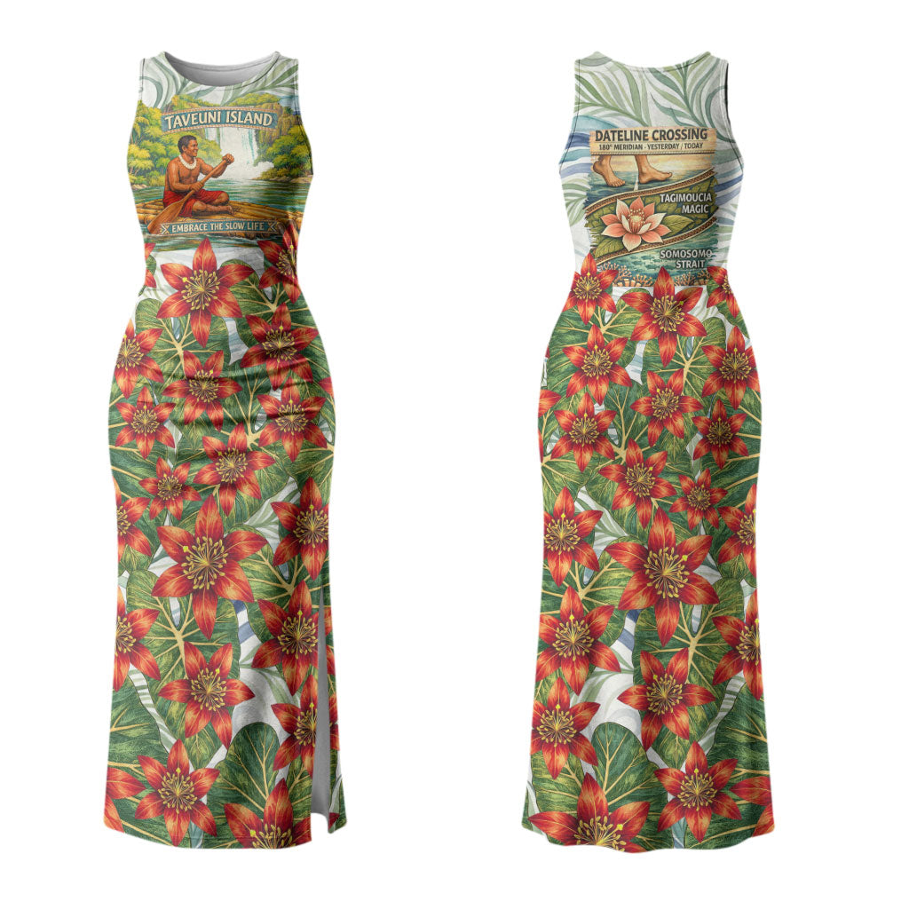 Fiji Taveuni Island Dateline Crossing Couples Matching Tank Maxi Dress and Hawaiian Shirt Tropical Cultural Landscape With Tagimoucia Floral Pattern