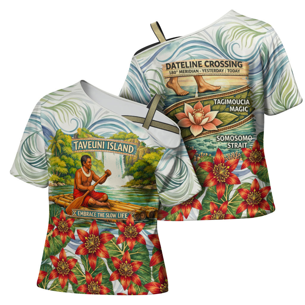Fiji Taveuni Island Dateline Crossing Cross Shoulder Shirt Tropical Cultural Landscape With Tagimoucia Floral Pattern