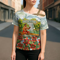 Fiji Taveuni Island Dateline Crossing Cross Shoulder Shirt Tropical Cultural Landscape With Tagimoucia Floral Pattern