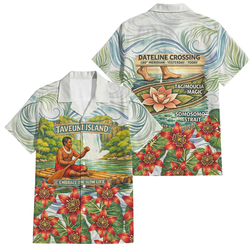 Fiji Taveuni Island Dateline Crossing Family Matching Long Sleeve Bodycon Dress and Hawaiian Shirt Tropical Cultural Landscape With Tagimoucia Floral Pattern