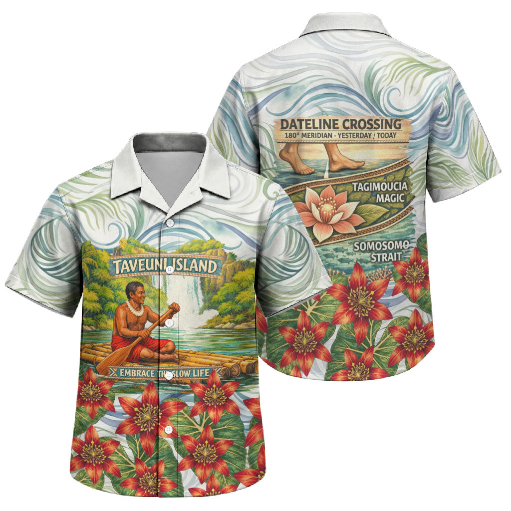 Fiji Taveuni Island Dateline Crossing Family Matching Off Shoulder Maxi Dress and Hawaiian Shirt Tropical Cultural Landscape With Tagimoucia Floral Pattern