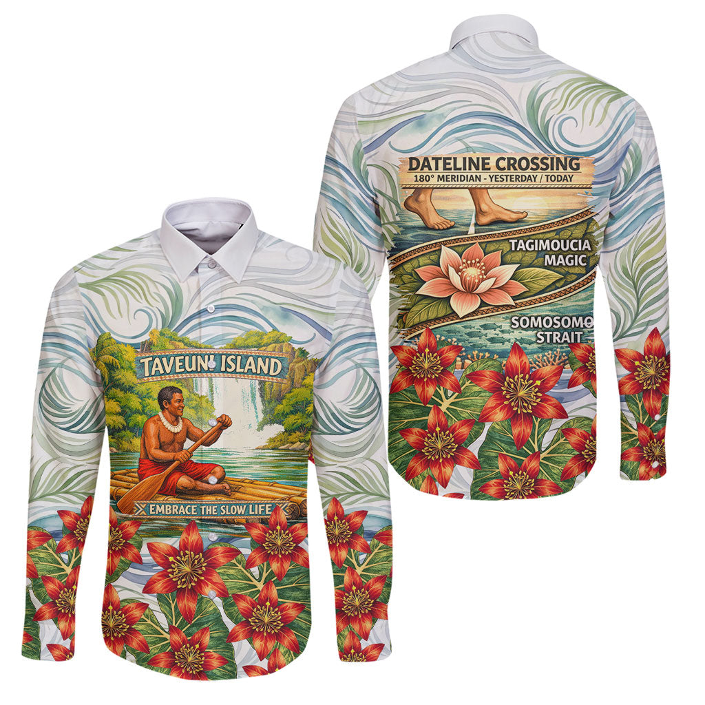 Fiji Taveuni Island Dateline Crossing Family Matching Off Shoulder Short Dress and Hawaiian Shirt Tropical Cultural Landscape With Tagimoucia Floral Pattern