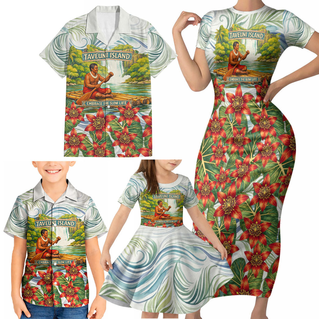 Fiji Taveuni Island Dateline Crossing Family Matching Short Sleeve Bodycon Dress and Hawaiian Shirt Tropical Cultural Landscape With Tagimoucia Floral Pattern