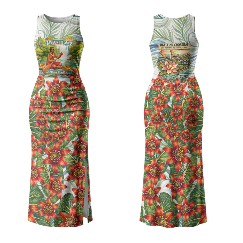 Fiji Taveuni Island Dateline Crossing Family Matching Tank Maxi Dress and Hawaiian Shirt Tropical Cultural Landscape With Tagimoucia Floral Pattern