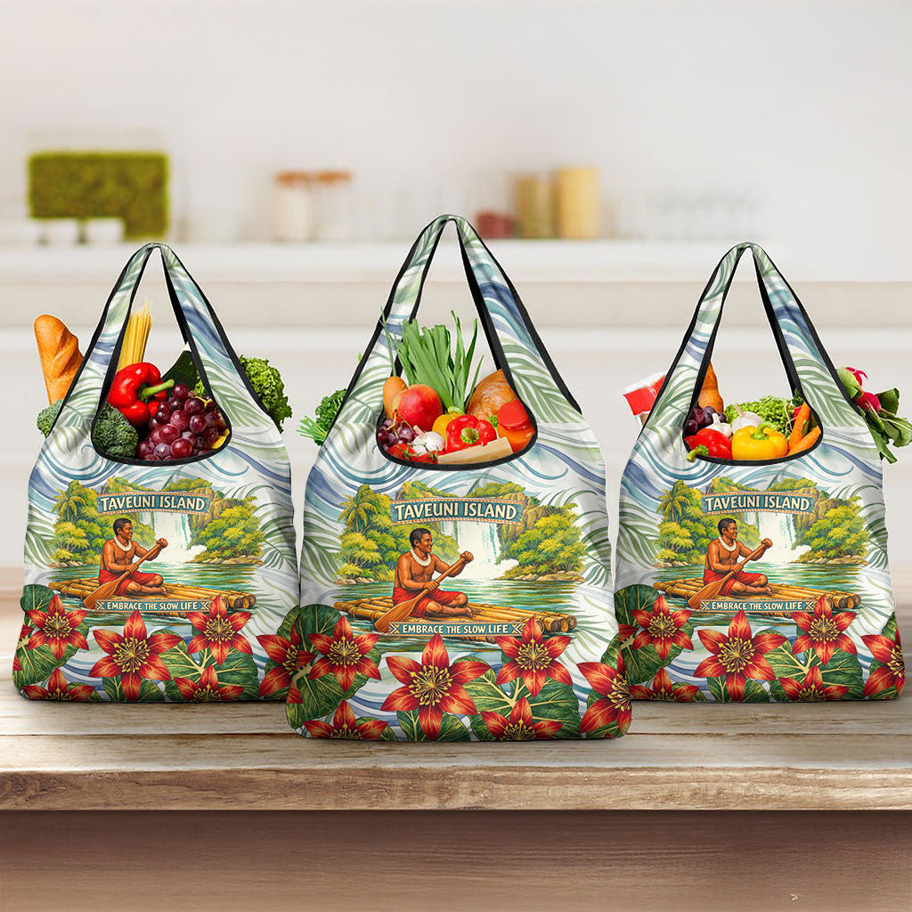 Fiji Taveuni Island Dateline Crossing Grocery Bag Tropical Cultural Landscape With Tagimoucia Floral Pattern