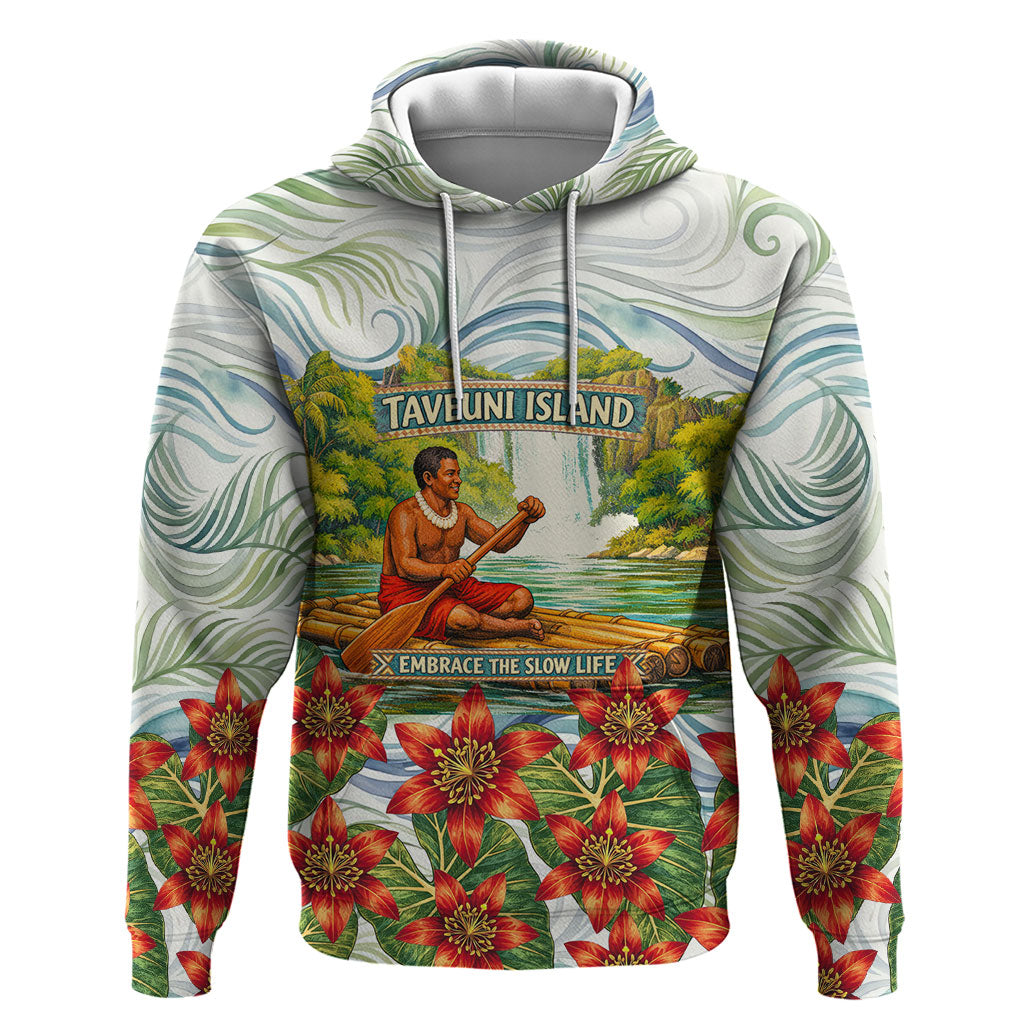 Fiji Taveuni Island Dateline Crossing Hoodie Tropical Cultural Landscape With Tagimoucia Floral Pattern TS04 Pullover Hoodie White Green - Polynesian Pride