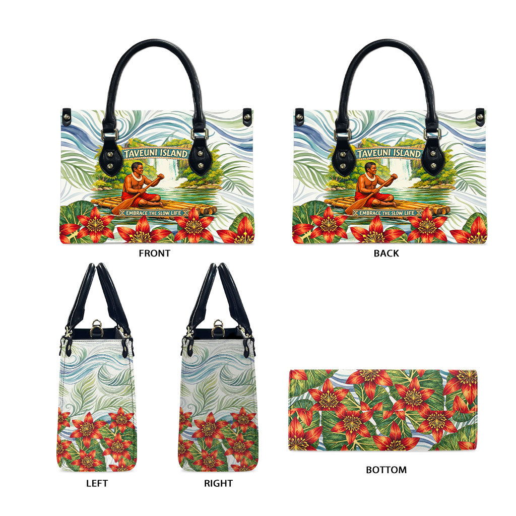 Fiji Taveuni Island Dateline Crossing Leather Bag Tropical Cultural Landscape With Tagimoucia Floral Pattern