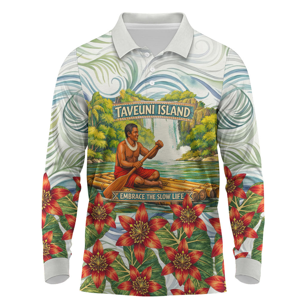 Fiji Taveuni Island Dateline Crossing Long Sleeve Polo Shirt Tropical Cultural Landscape With Tagimoucia Floral Pattern