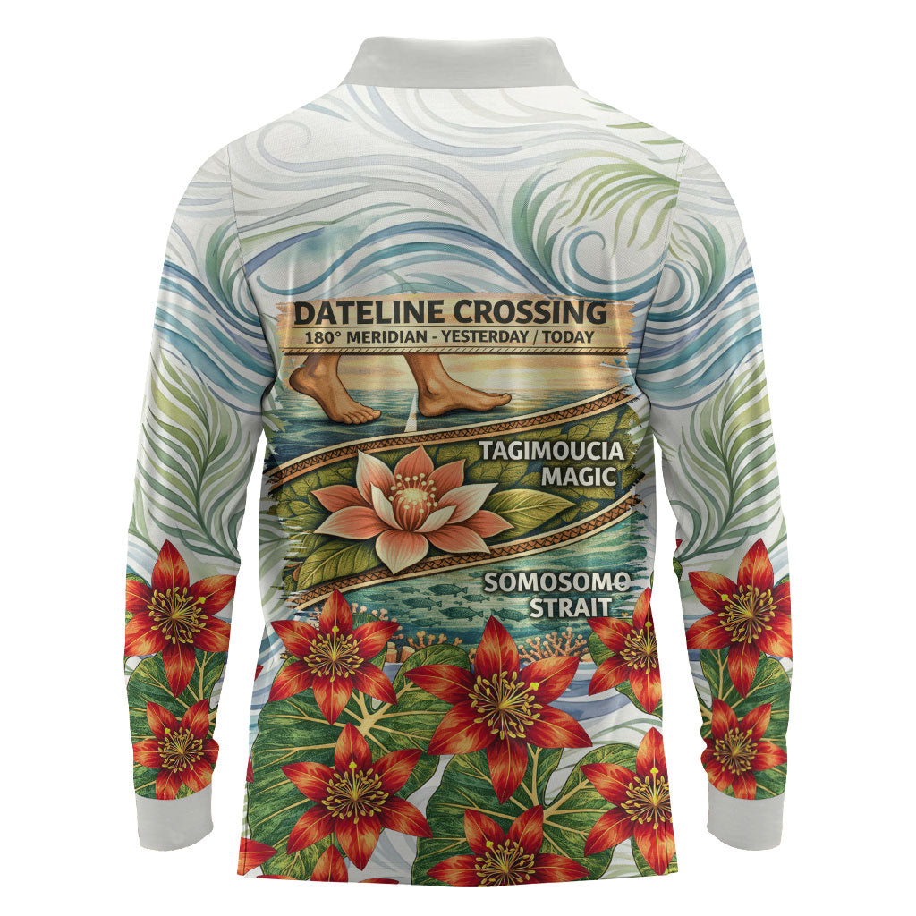 Fiji Taveuni Island Dateline Crossing Long Sleeve Polo Shirt Tropical Cultural Landscape With Tagimoucia Floral Pattern