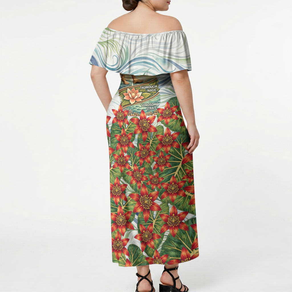 Fiji Taveuni Island Dateline Crossing Off Shoulder Maxi Dress Tropical Cultural Landscape With Tagimoucia Floral Pattern