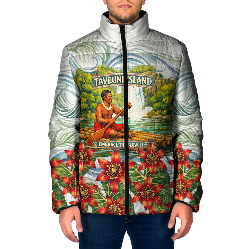 Fiji Taveuni Island Dateline Crossing Padded Jacket Tropical Cultural Landscape With Tagimoucia Floral Pattern