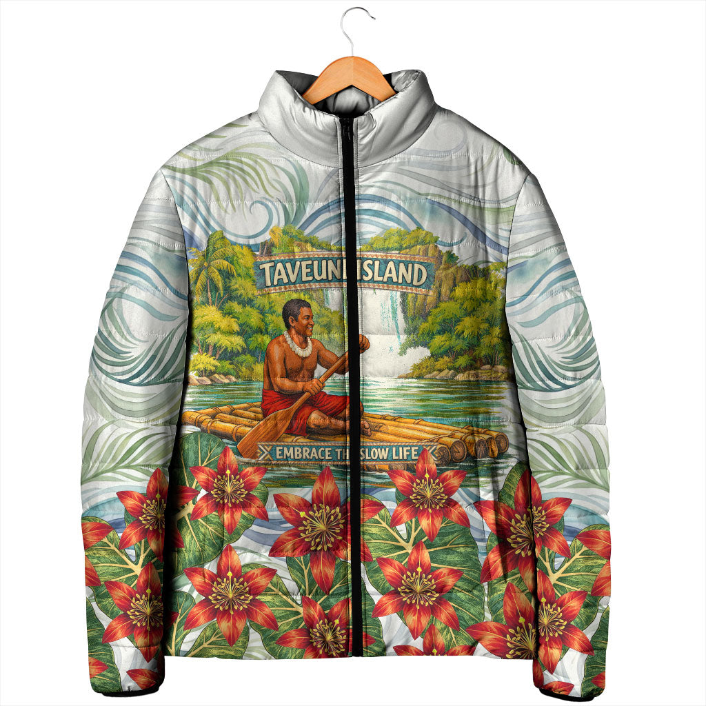 Fiji Taveuni Island Dateline Crossing Padded Jacket Tropical Cultural Landscape With Tagimoucia Floral Pattern