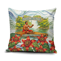 Fiji Taveuni Island Dateline Crossing Pillow Cover Tropical Cultural Landscape With Tagimoucia Floral Pattern