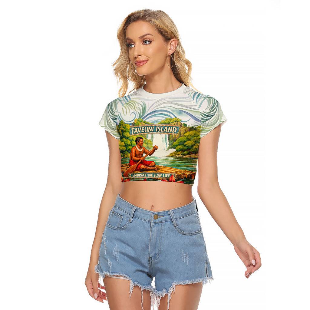 Fiji Taveuni Island Dateline Crossing Raglan Cropped T Shirt Tropical Cultural Landscape With Tagimoucia Floral Pattern TS04 Female White Green - Polynesian Pride