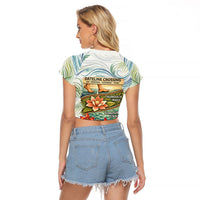 Fiji Taveuni Island Dateline Crossing Raglan Cropped T Shirt Tropical Cultural Landscape With Tagimoucia Floral Pattern