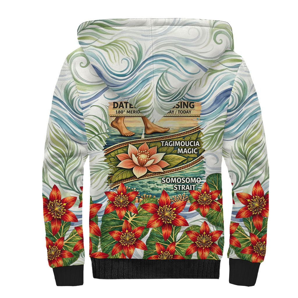 Fiji Taveuni Island Dateline Crossing Sherpa Hoodie Tropical Cultural Landscape With Tagimoucia Floral Pattern