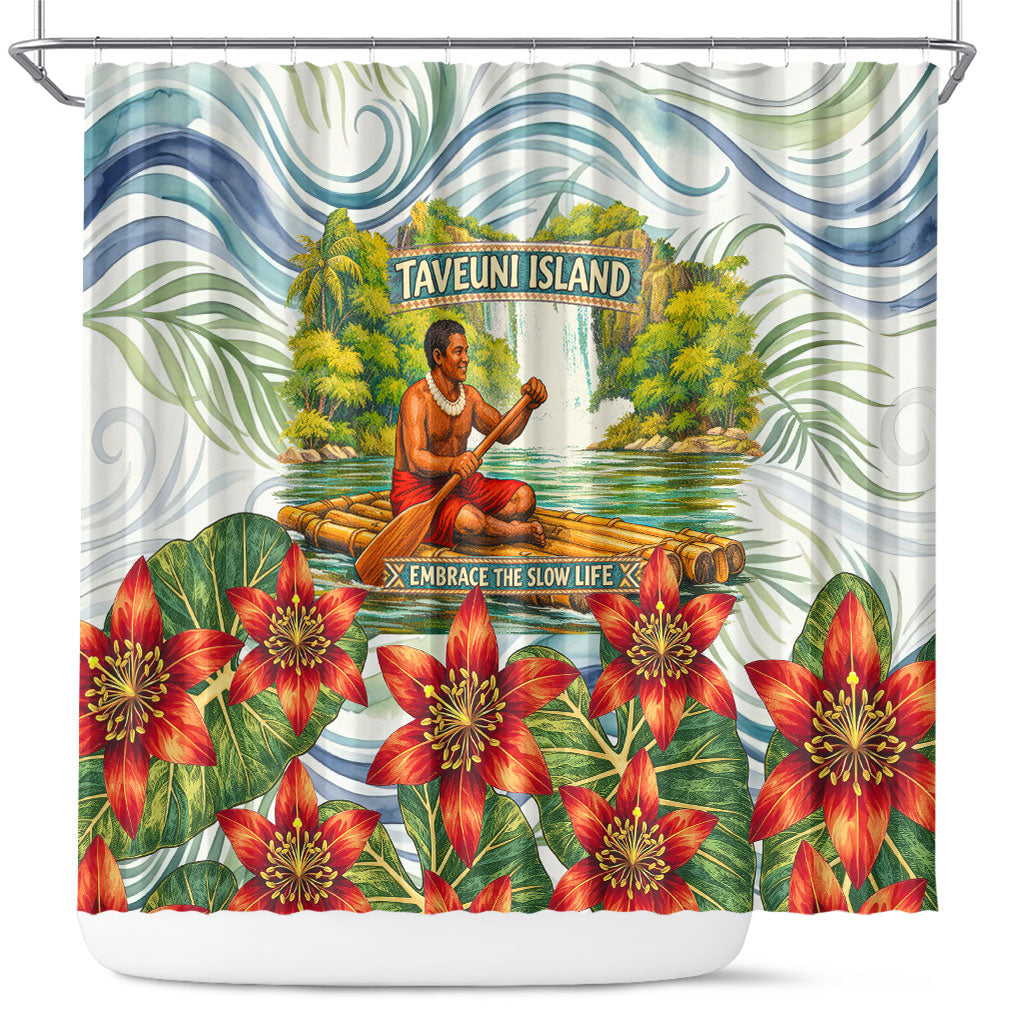 Fiji Taveuni Island Dateline Crossing Shower Curtain Tropical Cultural Landscape With Tagimoucia Floral Pattern