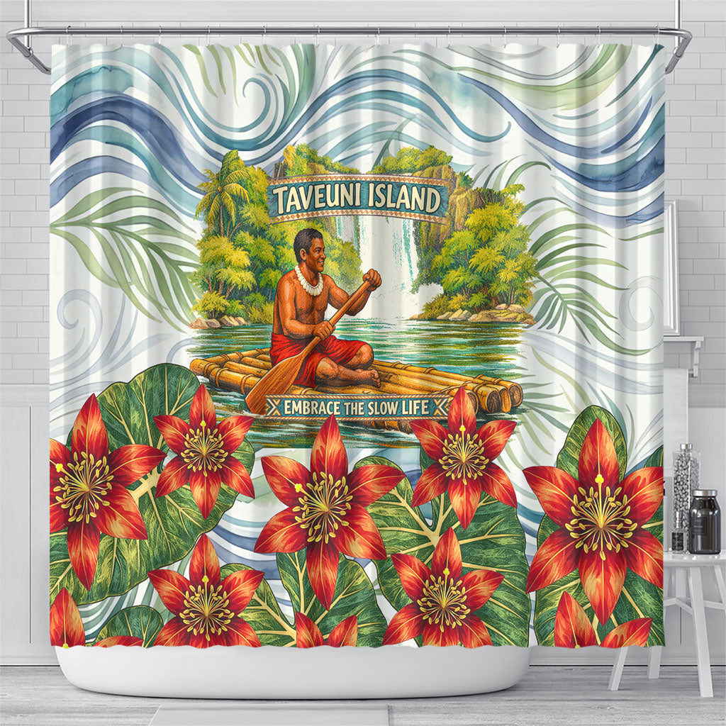 Fiji Taveuni Island Dateline Crossing Shower Curtain Tropical Cultural Landscape With Tagimoucia Floral Pattern