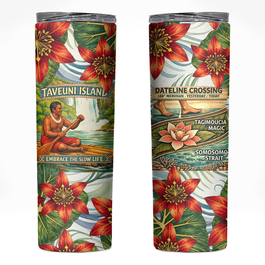 Fiji Taveuni Island Dateline Crossing Skinny Tumbler Tropical Cultural Landscape With Tagimoucia Floral Pattern TS04 White Green - Polynesian Pride