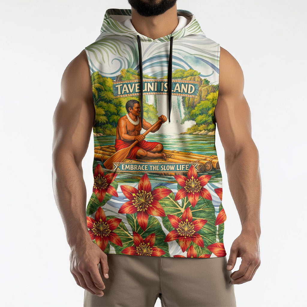 Fiji Taveuni Island Dateline Crossing Sleeveless Hoodie Tropical Cultural Landscape With Tagimoucia Floral Pattern
