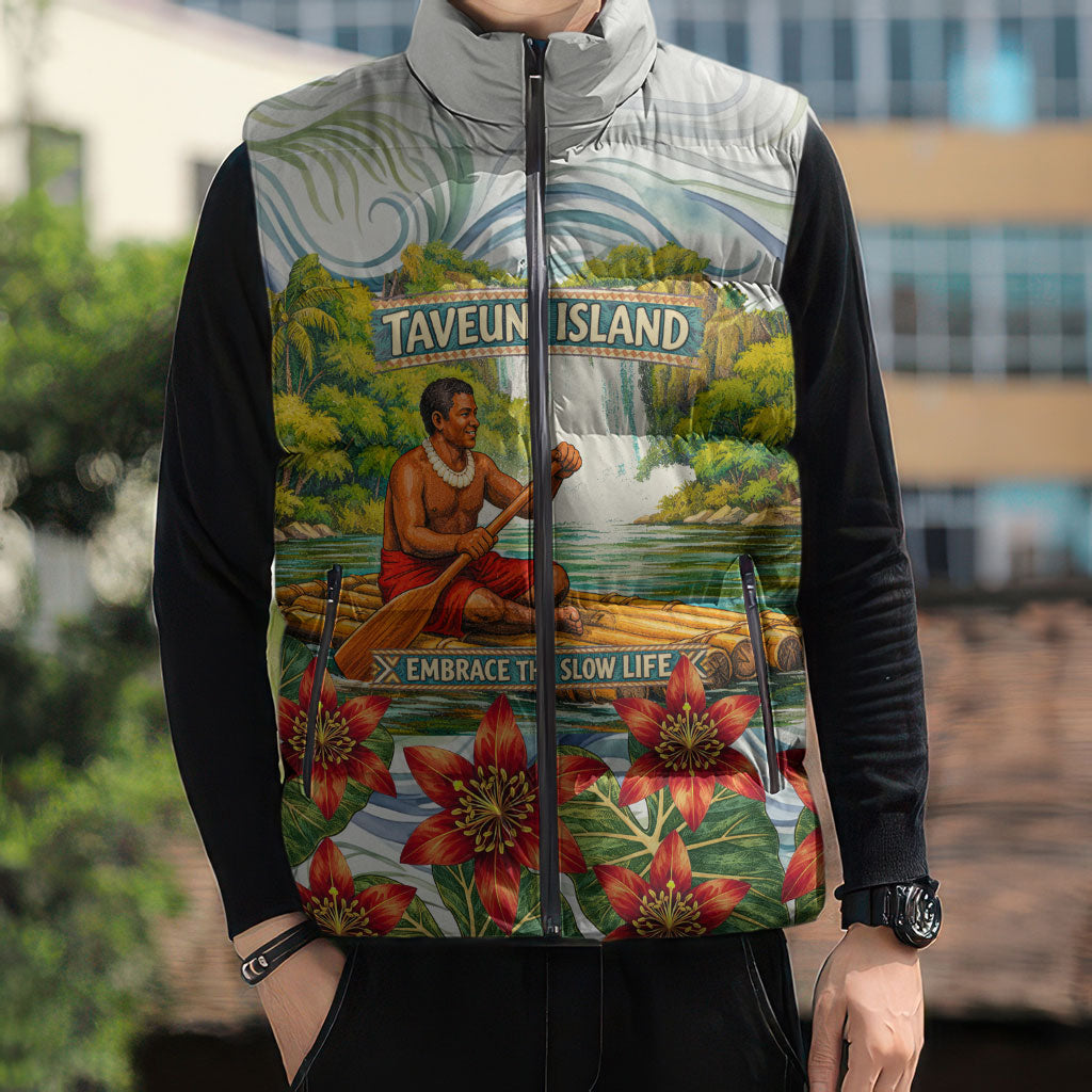 Fiji Taveuni Island Dateline Crossing Sleeveless Puffer Jacket Tropical Cultural Landscape With Tagimoucia Floral Pattern