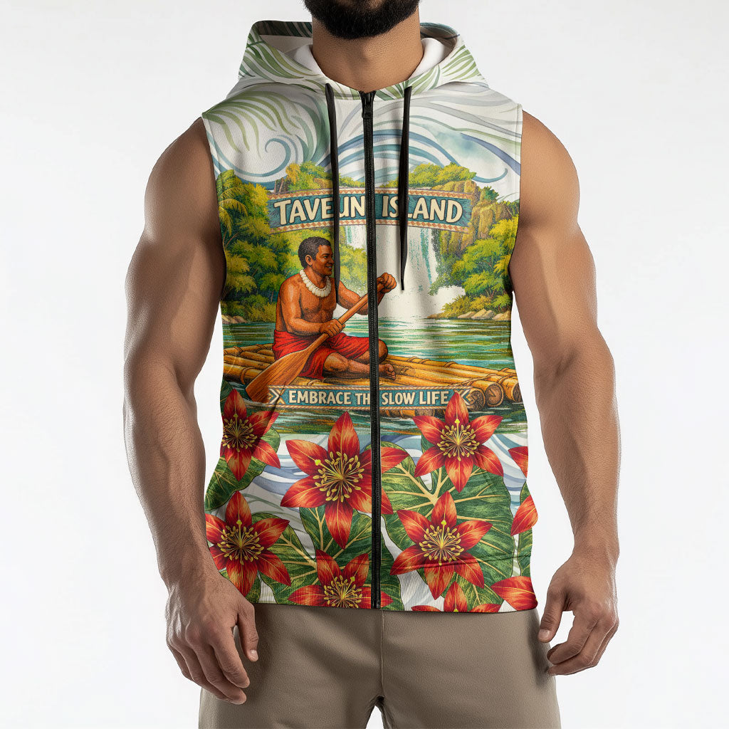 Fiji Taveuni Island Dateline Crossing Sleeveless Zip Hoodie Tropical Cultural Landscape With Tagimoucia Floral Pattern