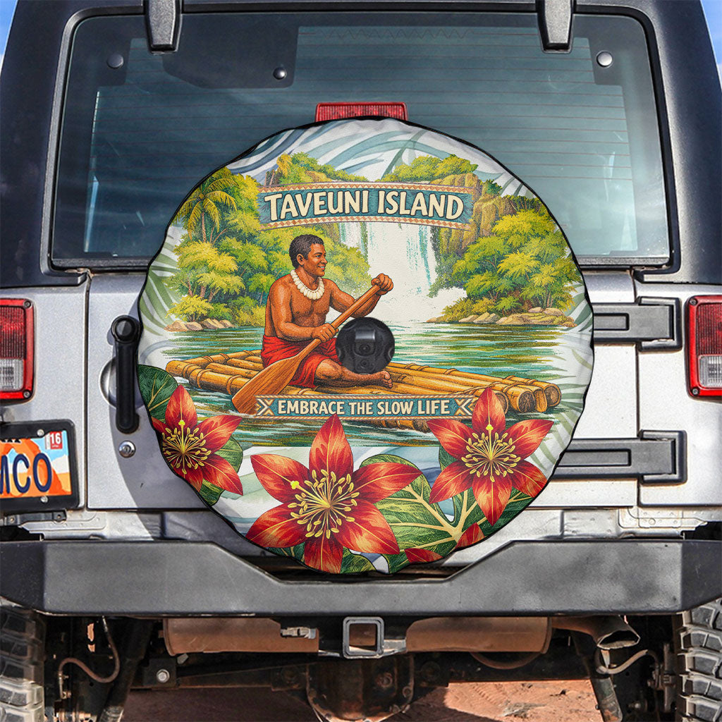 Fiji Taveuni Island Dateline Crossing Spare Tire Cover Tropical Cultural Landscape With Tagimoucia Floral Pattern