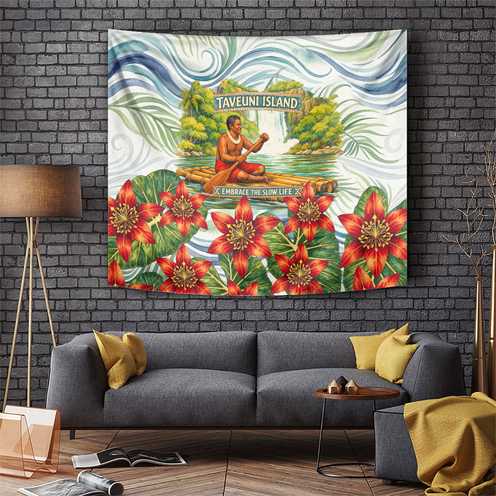 Fiji Taveuni Island Dateline Crossing Tapestry Tropical Cultural Landscape With Tagimoucia Floral Pattern TS04 White Green - Polynesian Pride