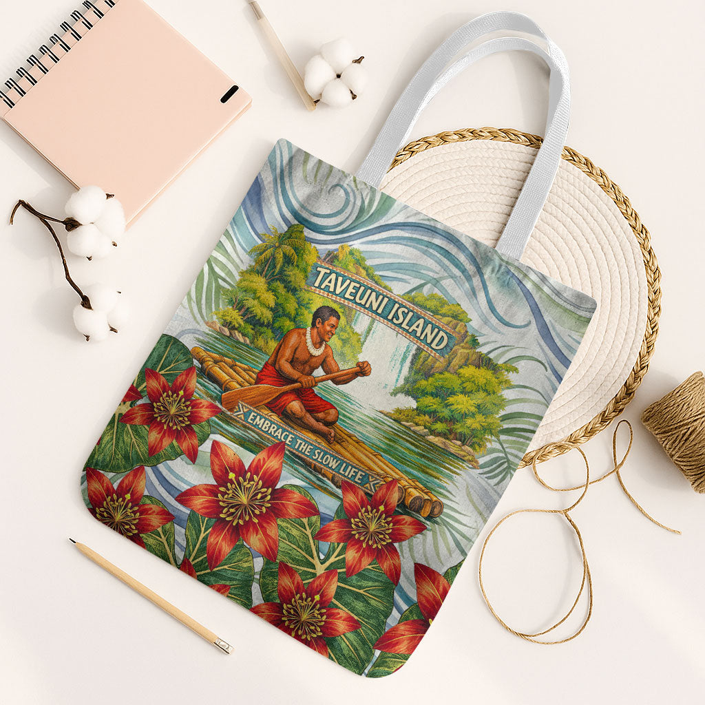 Fiji Taveuni Island Dateline Crossing Tote Bag Tropical Cultural Landscape With Tagimoucia Floral Pattern
