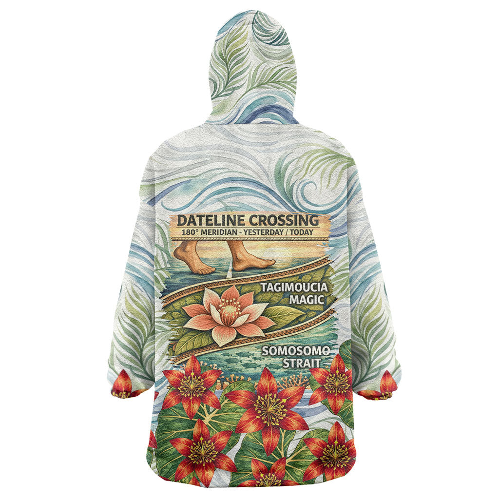 Fiji Taveuni Island Dateline Crossing Wearable Blanket Hoodie Tropical Cultural Landscape With Tagimoucia Floral Pattern