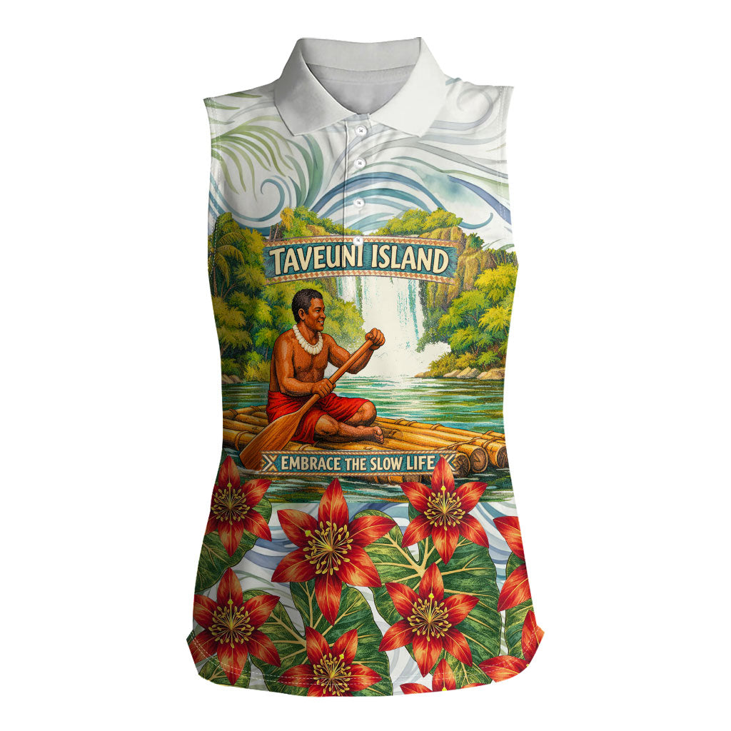 Fiji Taveuni Island Dateline Crossing Women Sleeveless Polo Shirt Tropical Cultural Landscape With Tagimoucia Floral Pattern