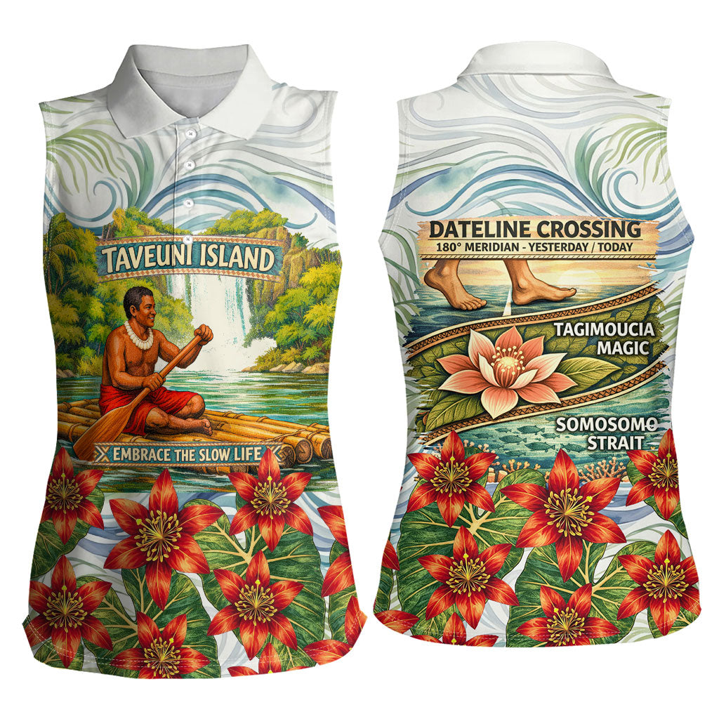 Fiji Taveuni Island Dateline Crossing Women Sleeveless Polo Shirt Tropical Cultural Landscape With Tagimoucia Floral Pattern
