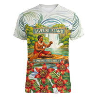 Fiji Taveuni Island Dateline Crossing Women V-Neck T-Shirt Tropical Cultural Landscape With Tagimoucia Floral Pattern