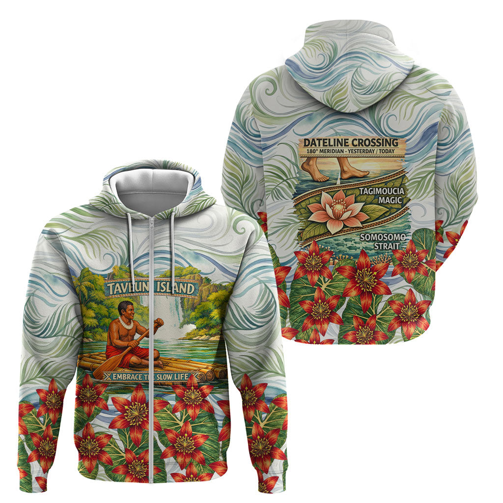 Fiji Taveuni Island Dateline Crossing Zip Hoodie Tropical Cultural Landscape With Tagimoucia Floral Pattern