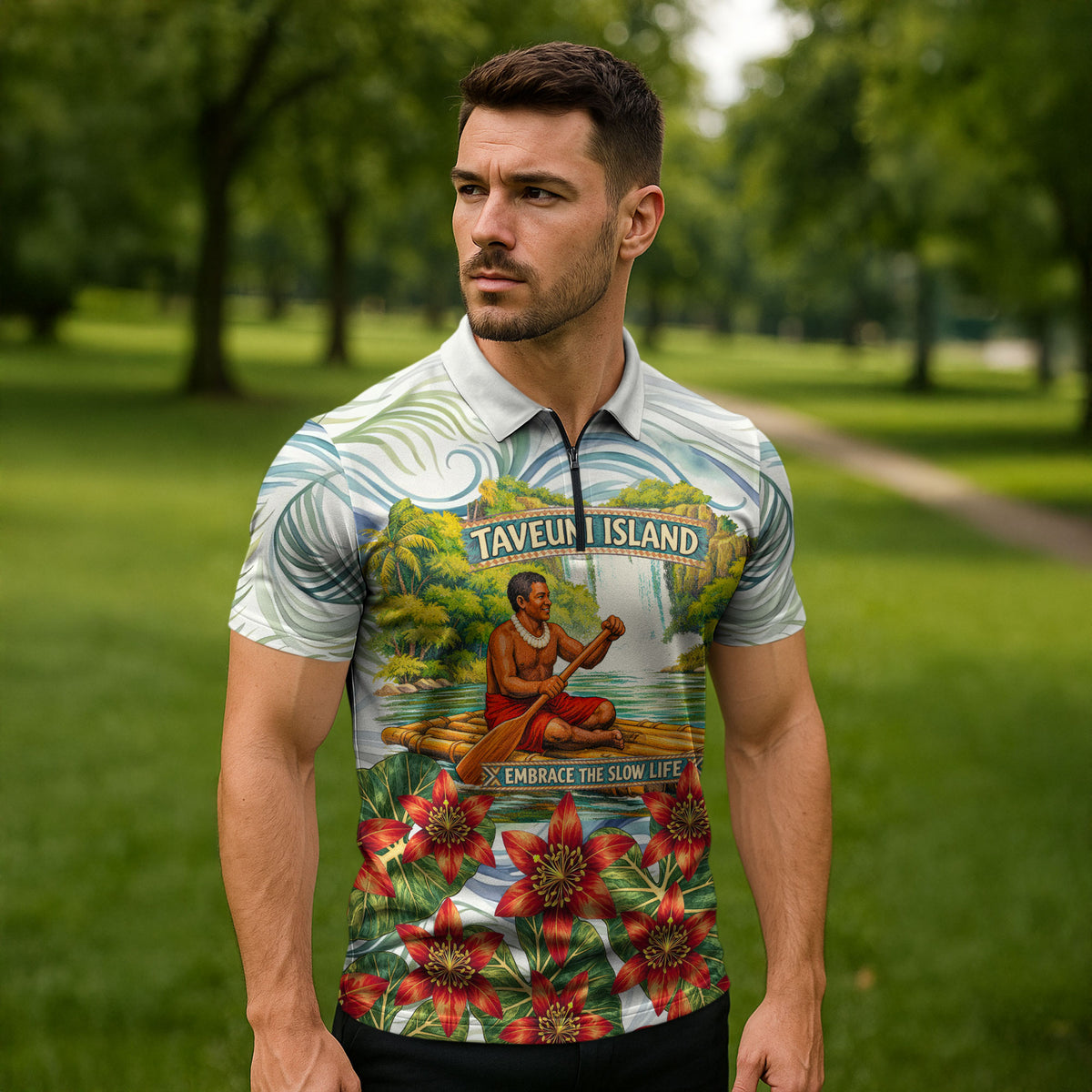 Fiji Taveuni Island Dateline Crossing Zipper Polo Shirt Tropical Cultural Landscape With Tagimoucia Floral Pattern