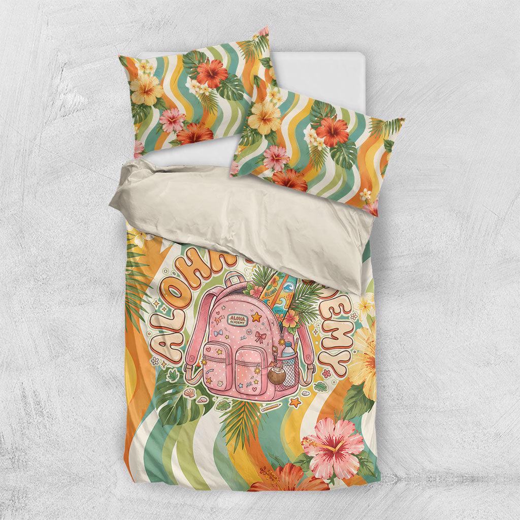 Hawaii Aloha Academy Back To School Bedding Set Sea Turtle Tropical Hibiscus Flowers Retro Psychedelic