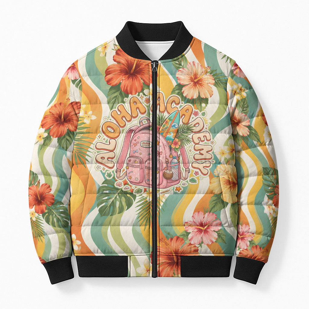 Hawaii Aloha Academy Back To School Bomber Puffer Jacket Sea Turtle Tropical Hibiscus Flowers Retro Psychedelic