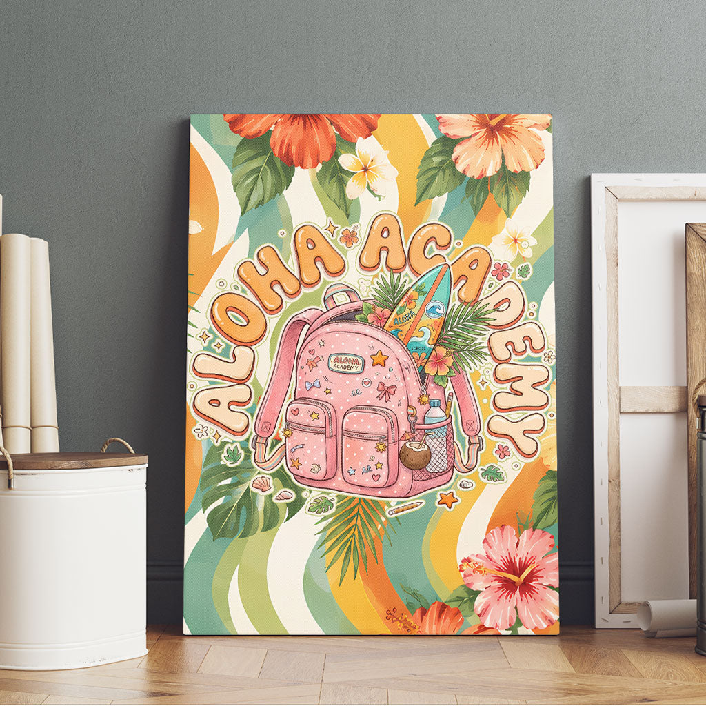 Hawaii Aloha Academy Back To School Canvas Wall Art Sea Turtle Tropical Hibiscus Flowers Retro Psychedelic