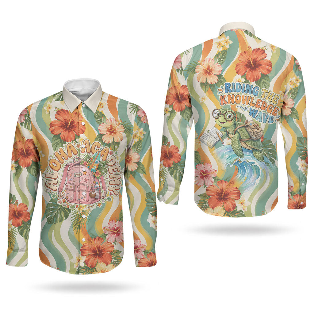 Hawaii Aloha Academy Back To School Couples Matching Long Sleeve Bodycon Dress and Long Sleeve Button Shirt Sea Turtle Tropical Hibiscus Flowers Retro Psychedelic