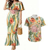 Hawaii Aloha Academy Back To School Couples Matching Mermaid Dress and Hawaiian Shirt Sea Turtle Tropical Hibiscus Flowers Retro Psychedelic