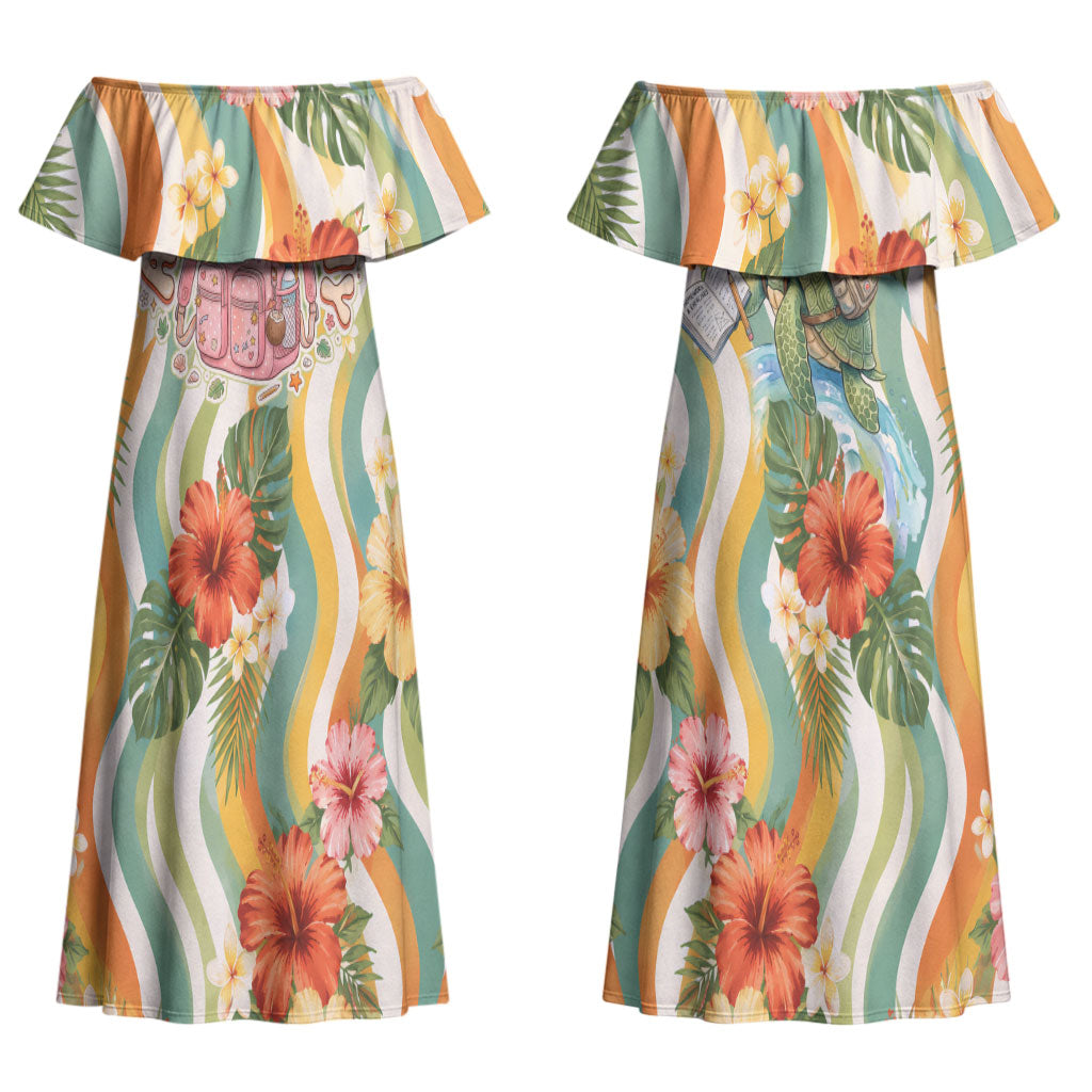 Hawaii Aloha Academy Back To School Couples Matching Off Shoulder Maxi Dress and Long Sleeve Button Shirt Sea Turtle Tropical Hibiscus Flowers Retro Psychedelic