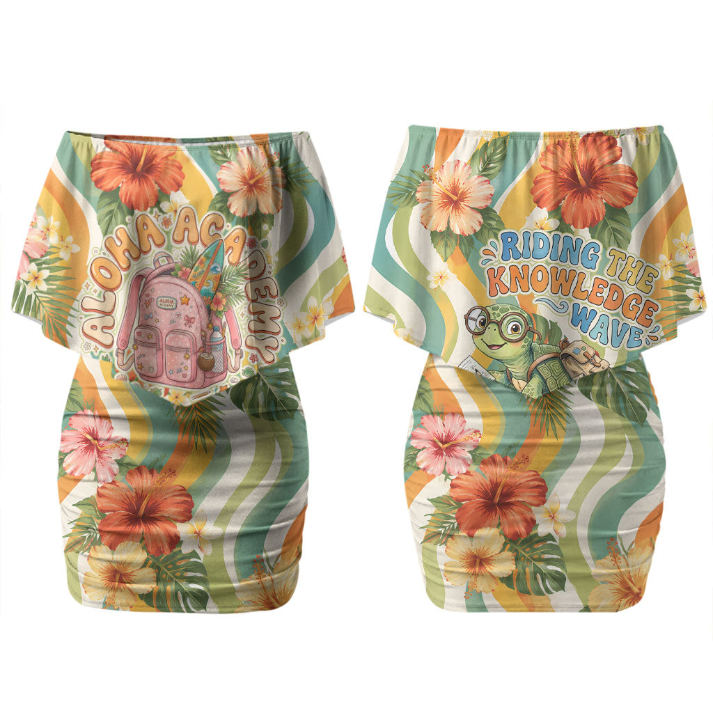 Hawaii Aloha Academy Back To School Couples Matching Off Shoulder Short Dress and Hawaiian Shirt Sea Turtle Tropical Hibiscus Flowers Retro Psychedelic